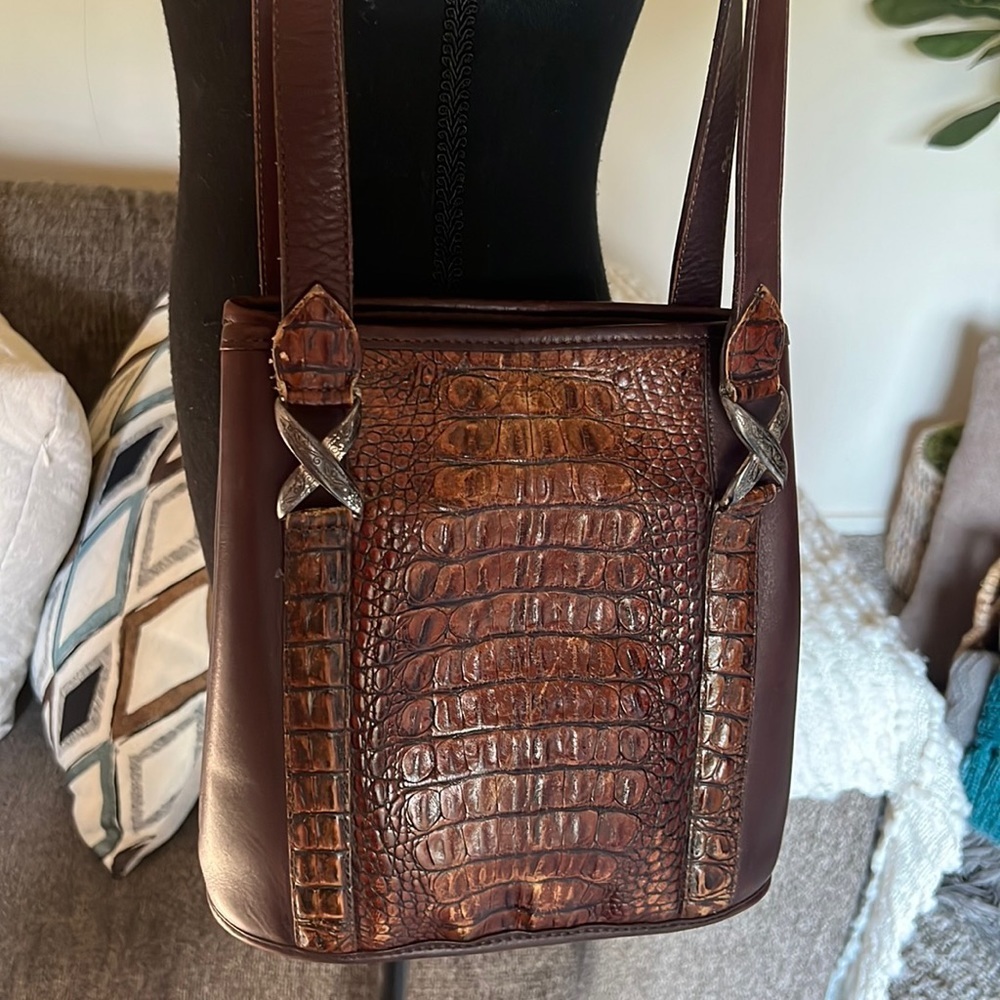 BRIGHTON CROC-EMBOSSED BROWN SHOULDER BAG